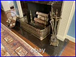 4 Piece Brass Fireplace Set with Hearth Fender, Basket, 3 pc Tool Stand, Andirons