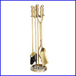 4 Piece Brass Plated Fireplace Tool Set Tampico Broom Shovel Poker Stand Tongs