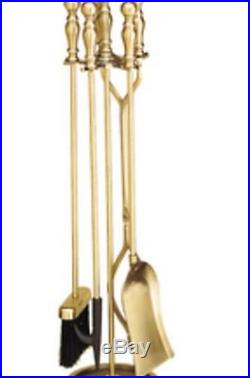 4 Piece Brass Plated Fireplace Tool Set Tampico Broom Shovel Poker Stand Tongs