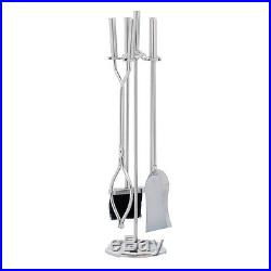 4 Piece Brushed Steel Fireplace Tool Set Silver Poker Shovel Broom Stand Tongs