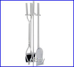 4 Piece Brushed Steel Fireplace Tool Set Silver Poker Shovel Broom Stand Tongs