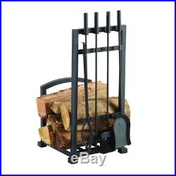 4 Piece Log Storage Holder and Fireplace Tool Set Durable Steel Antique Black