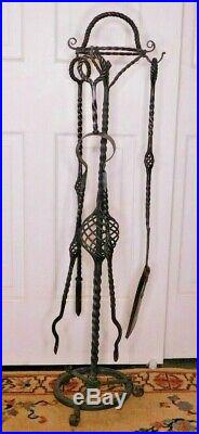 40 Antique Wrought Iron Fireplace Fire Tool Set with Stand Gothic Spanish Revival
