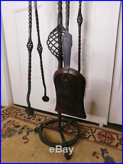 40 Antique Wrought Iron Fireplace Fire Tool Set with Stand Gothic Spanish Revival
