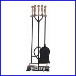 5-PC Fireplace Tool Set & Stand, Brass Handle Antique, Poker Broom Shovel Tongs