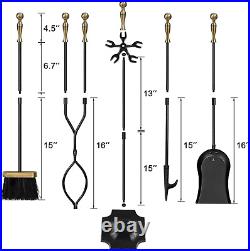 5 Pcs Fireplace Tools Brass Handles Wrought Iron Set Holder Indoor Outdoor Fires