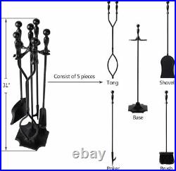 5 Pcs Fireplace Tools Sets Black Handle Wrought Iron Large Fire Tool Set