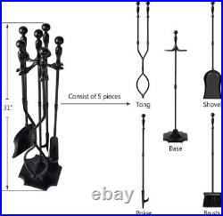 5 Pcs Fireplace Tools Sets Black Handle Wrought Iron Large Fire Tool Set and