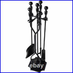 5 Pcs Fireplace Tools Sets Black Handle Wrought Iron Outdoor Pit Stand Chimney