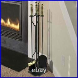 5 Piece Antique Brass & Black Ball Handle Fireplace Tool Set