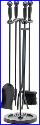 5-Piece Brushed Black Finish Fireplace Tools Set Includes Stand, Poker, Shovel