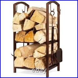 5 Piece Fireplace Log Rack And Tools Set With Poker Broom Shovel Storage Copper