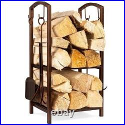 5 Piece Fireplace Log Rack And Tools Set With Poker Broom Shovel Storage Copper