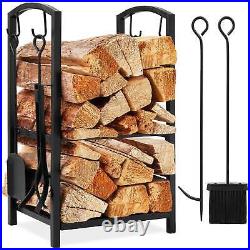 5 Piece Fireplace Log Rack And Tools Set With Poker Broom Shovel Tongs Storage