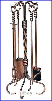 5-Piece Fireplace Tool Set Antique Copper Stand Poker Shovel Brush Tongs Tools