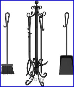 5-Piece Fireplace Tool Set Black, Wrought Iron Large Tool Set for Indoor Outdoor