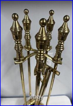 5 Piece Fireplace Tool Set Brass + Base-Tongues, Damper Hook, Shovel, Poker, Broom