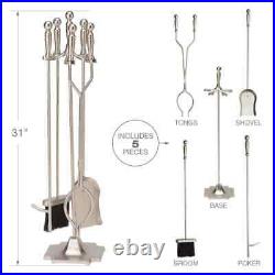 5-Piece Fireplace Tool Set Satin Pewter Finish Steel withHeavy Weight Construction