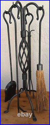 5 Piece Fireplace Tool Set Twisted Wrought Iron Loop Handle Hearth Tools EUC