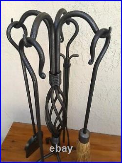 5 Piece Fireplace Tool Set Twisted Wrought Iron Loop Handle Hearth Tools EUC