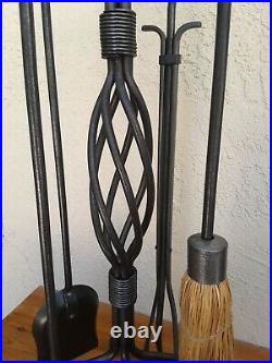 5 Piece Fireplace Tool Set Twisted Wrought Iron Loop Handle Hearth Tools EUC