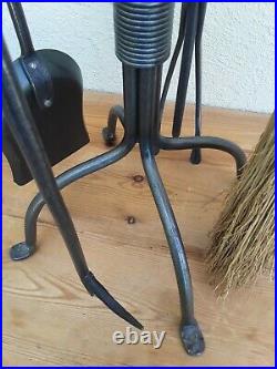 5 Piece Fireplace Tool Set Twisted Wrought Iron Loop Handle Hearth Tools EUC
