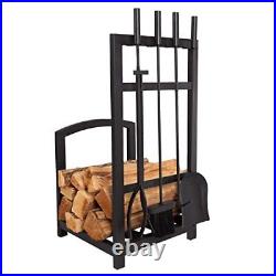 5-Piece Fireplace Tool Set and Log Rack Mission-Style Firewood Holder with