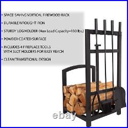 5-Piece Fireplace Tool Set and Log Rack Mission-Style Firewood Holder with