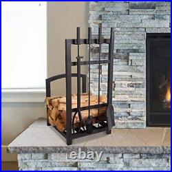 5-Piece Fireplace Tool Set and Log Rack Mission-Style Firewood Holder with