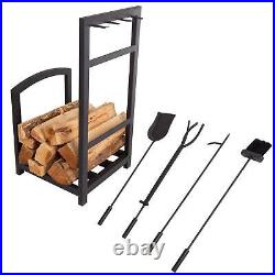 5-Piece Fireplace Tool Set and Log Rack Mission-Style Firewood Holder with