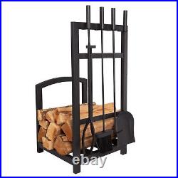 5-Piece Fireplace Tool Set and Log Rack Mission-Style Firewood Holder with