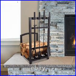 5-Piece Fireplace Tool Set and Log Rack Mission-Style Firewood Holder with Sho