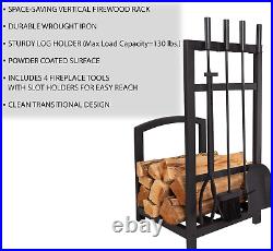 5-Piece Fireplace Tool Set and Log Rack Mission-Style Firewood Holder with Sho