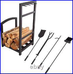 5-Piece Fireplace Tool Set and Log Rack Mission-Style Firewood Holder with Sho