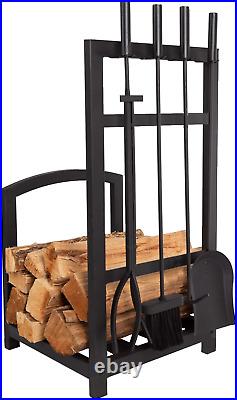 5-Piece Fireplace Tool Set and Log Rack Mission-Style Firewood Holder with Sho