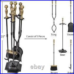 5-Piece Fireplace Tools Set with Brass Handles Rustic Hearth Accessories Kit