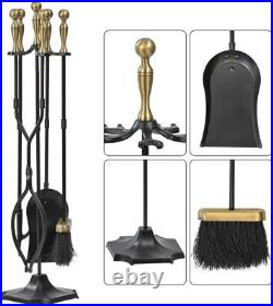 5-Piece Fireplace Tools Set with Brass Handles Rustic Hearth Accessories Kit
