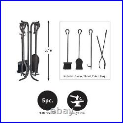 5 Piece Hand Forged Iron Compact Fireplace Tool Set Poker Tongs Shovel B