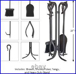 5 Piece Hand Forged Iron Compact Fireplace Tool Set Poker Tongs Shovel Broom and