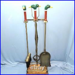 5 Piece Painted Mallard Duck Head Brass Fireplace Tool Set Carved Wood Stand