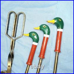 5 Piece Painted Mallard Duck Head Brass Fireplace Tool Set Carved Wood Stand