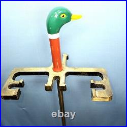 5 Piece Painted Mallard Duck Head Brass Fireplace Tool Set Carved Wood Stand