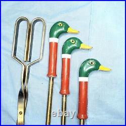 5 Piece Painted Mallard Duck Head Brass Fireplace Tool Set Carved Wood Stand