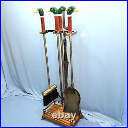 5 Piece Painted Mallard Duck Head Brass Fireplace Tool Set Carved Wood Stand
