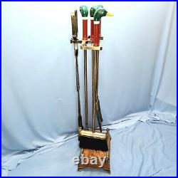 5 Piece Painted Mallard Duck Head Brass Fireplace Tool Set Carved Wood Stand