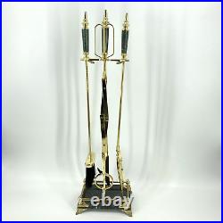 5 Piece Vintage Brass Green Marble Handle & Base Fireplace Tool Stand Set MCM