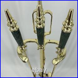 5 Piece Vintage Brass Green Marble Handle & Base Fireplace Tool Stand Set MCM