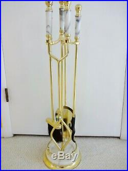 5-Piece WHITE MARBLE & POLISHED BRASS FIREPLACE TOOL SET Round Base Fire Tools