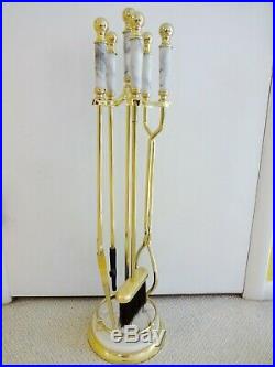 5-Piece WHITE MARBLE & POLISHED BRASS FIREPLACE TOOL SET Round Base Fire Tools