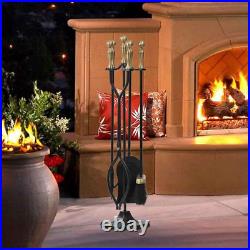5 Pieces Fireplace Tools Sets Brass Handles Wrought Iron Set and Holder Indoor O